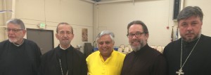 From left to right are— Retired Greek Orthodox priest George Bratiotis, Metropolitan Gerasimos, Hindu statesman Rajan Zed, Reno St. Anthony Greek Orthodox Church Presiding Priest Stephen Karcher, Russian Orthodox priest Father Oleg.