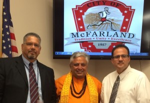 Just before the McFarland City Council Hindu invocation, from left to right are—City Manager John Wooner, Hindu statesman Rajan Zed and Mayor Manuel Cantu Junior.