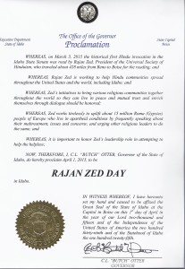 Idaho Governor Otter’s proclamation for Rajan Zed. 