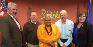 Just before the Hindu invocation, from left to right are—Councilmember Ed Lawson, Councilmember Ron Smith, Hindu statesman Rajan Zed, Mayor Geno R. Martini, Councilmember Charlene Bybee.