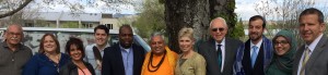 Religious leaders who participated, from left to right, are: Rigoberto Ruano Mireles, Harriet Kathryn Stewart, Roya Galata, Justin R. Zuniga, Omar A. Palmer, Rajan Zed, Shelley L. Fisher, Donald W. Watts, Daniel R. Sanchez, Sumayya U. Beekun, Ryan J. Earl.